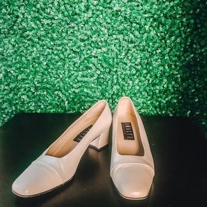 100% Real Leather Creme/white block heels